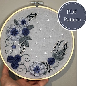 Hand Embroidery for Beginners, &quot;Winter Roses&quot; PDF Pattern and YouTube Video Tutorial, blue, silver flowers, snow flakes