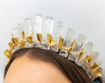Clear Quartz Crown, Crystal Goddess Tiara, Gold Leaf Crown, Bridal Tiara, Boho Wedding, Fairy Hairpiece, Festival Tiara, Ren Faire, Witch