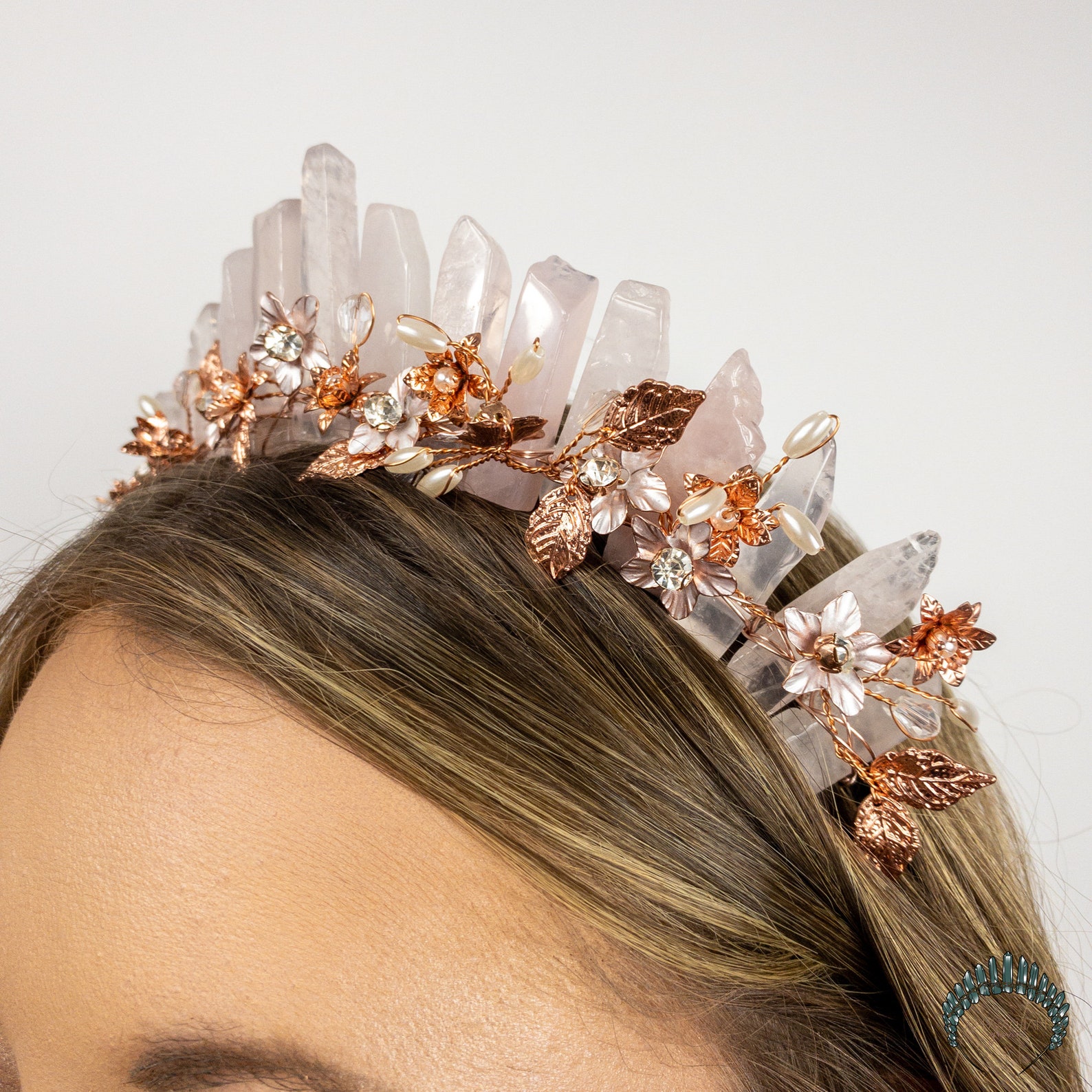 Rose Quartz Crystal Crown Pink Bridal Tiara Rose Gold Flower Etsy
