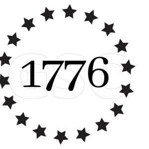 Pode incluir: Uma imagem em preto e branco de um círculo de estrelas que envolve o número 1776.