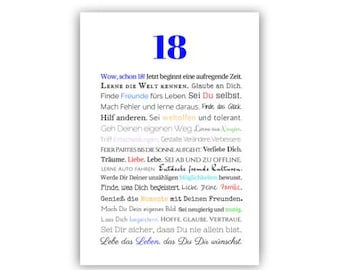 Puede incluir: Una impresión rectangular blanca con el número "18" en azul en la parte superior. Debajo, una lista de frases inspiradoras en alemán se muestra en varios colores y fuentes, fomentando el autodescubrimiento y abrazando las experiencias de la vida.