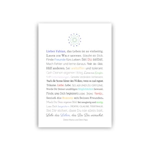 May include: A colorful motivational quote for Fabian, encouraging him to learn, be himself, help others, and live life to the fullest. The quote is written in a playful font with a starburst design at the top.