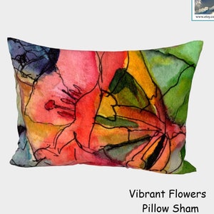 Bright & Colorful Floral Pillow Sham in Cotton Sateen, Orange Yellow Red and Navy Large Floral Art Printed Pillow Case, Tropical Bedroom