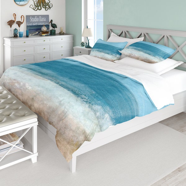 Beach Duvet Cover, Coastal Home Bedroom, Cotton Sateen Duvet Cover, King Queen Double or Twin Size, Ocean Art Bedroom