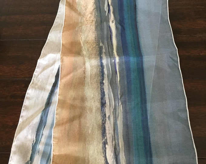 Beach Art Scarf, Blue White Beige, Long Silk Scarf Gift, Ocean Shawl, Coastal Evening Wrap, Beach Vacation, Her Birthday Gift, Mom Present