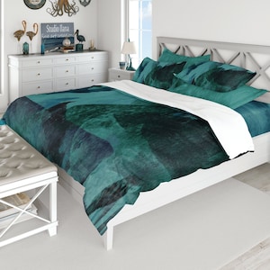 Teal Duvet Cover, Cotton Sateen Comforter Cover, Twin, Double Full, Queen or King Size, Abstract Art Coverlet, Green Blue Watercolor Print