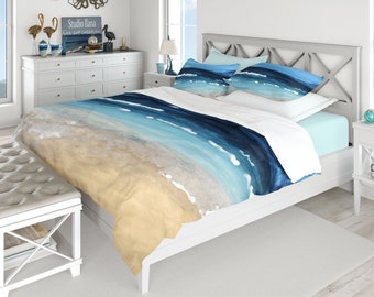 Housse de couette en satin de coton bleu océan et plage, housse de couette imprimée artistique pour chambre à coucher côtière, housse de couette d'été