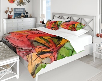 Watercolor Floral Duvet Cover: Tropical Cotton Sateen Bedding