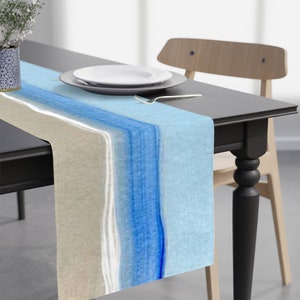 Beach Table Runner, Sky Blue & Warm Grey, 90'' × 16'' Coastal Home Table Covering, Beach House Art Printed Table Runner, Ocean House Gift