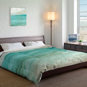 Beach House Comforter, Ocean Bedroom Quilt, Aqua Turquoise Bedding, Coastal Home Blanket, Beach Art Bedspread, King, Queen, Twin, Twin XL