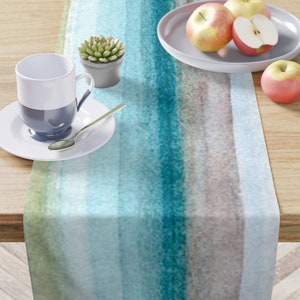 Beach Table Runner, Aqua Blue Turquoise Brown & Gold, 90'' × 16'' Coastal Home Table Covering, Beach House Art Printed Runner, Special Table