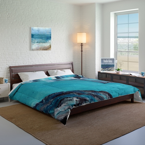 Turquoise & Black Comforter, Coastal Bedspread, Beach Home Comforter, King Size Quilt, Queen Comforter, Twin Comforter, Twin XL for Dorm