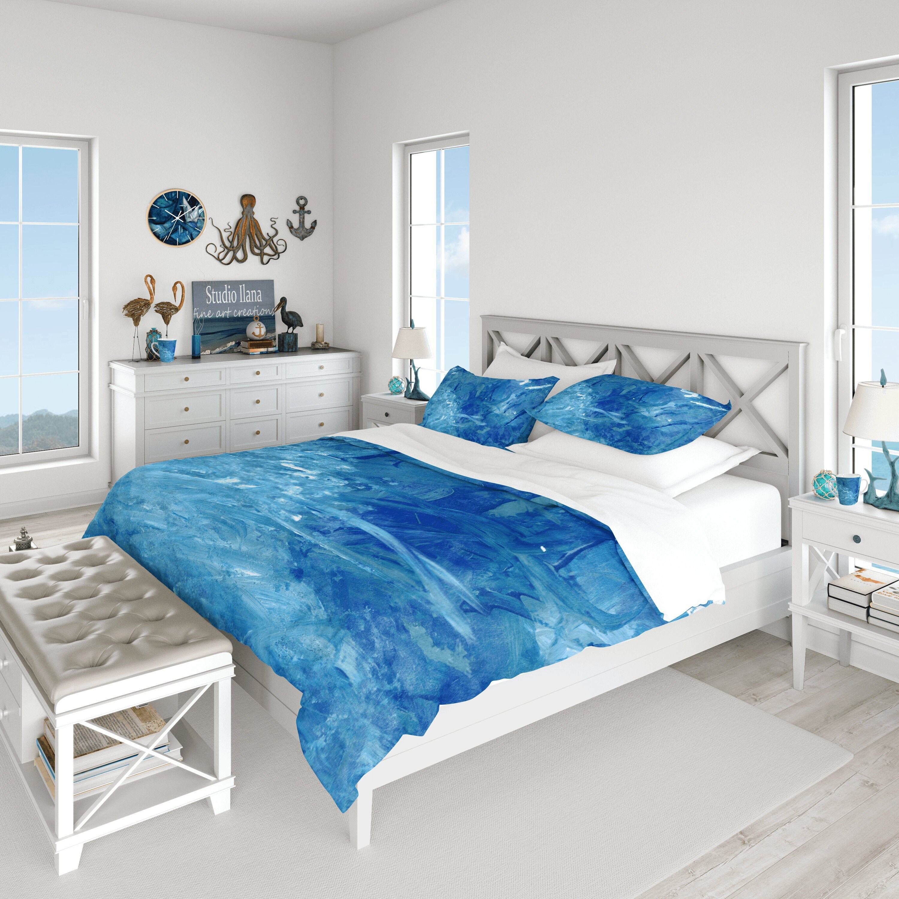 Abstract Blue Art Duvet Cover Ocean Inspired Cotton Sateen Etsy