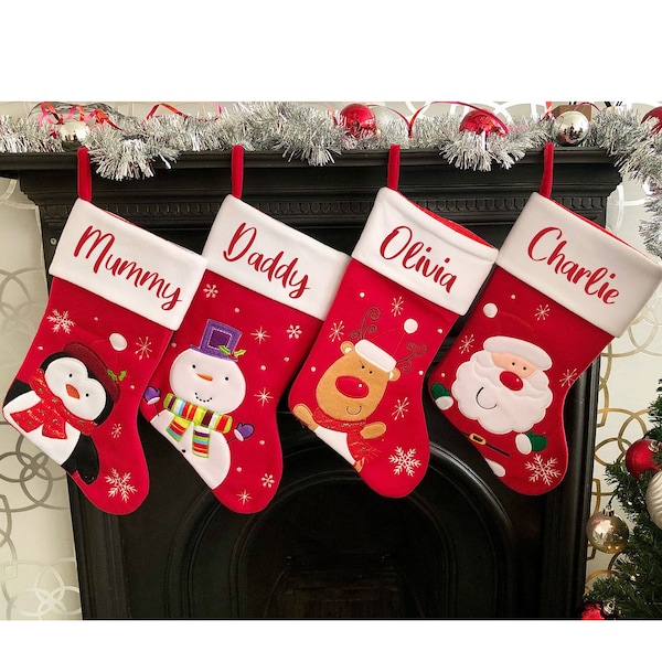 Personalised Christmas Stocking - Family Stockings - Christmas Eve - Personalized Stocking - Red Snowman, Penguin, Santa or Reindeer
