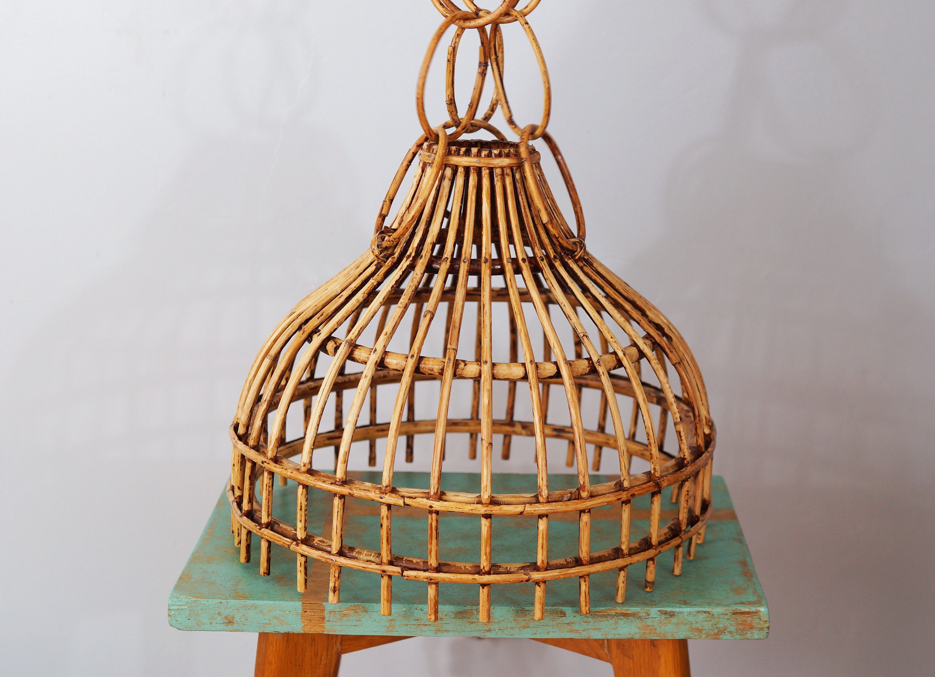 Plafonnier, Grand Abat-Jour Rotin Vintage