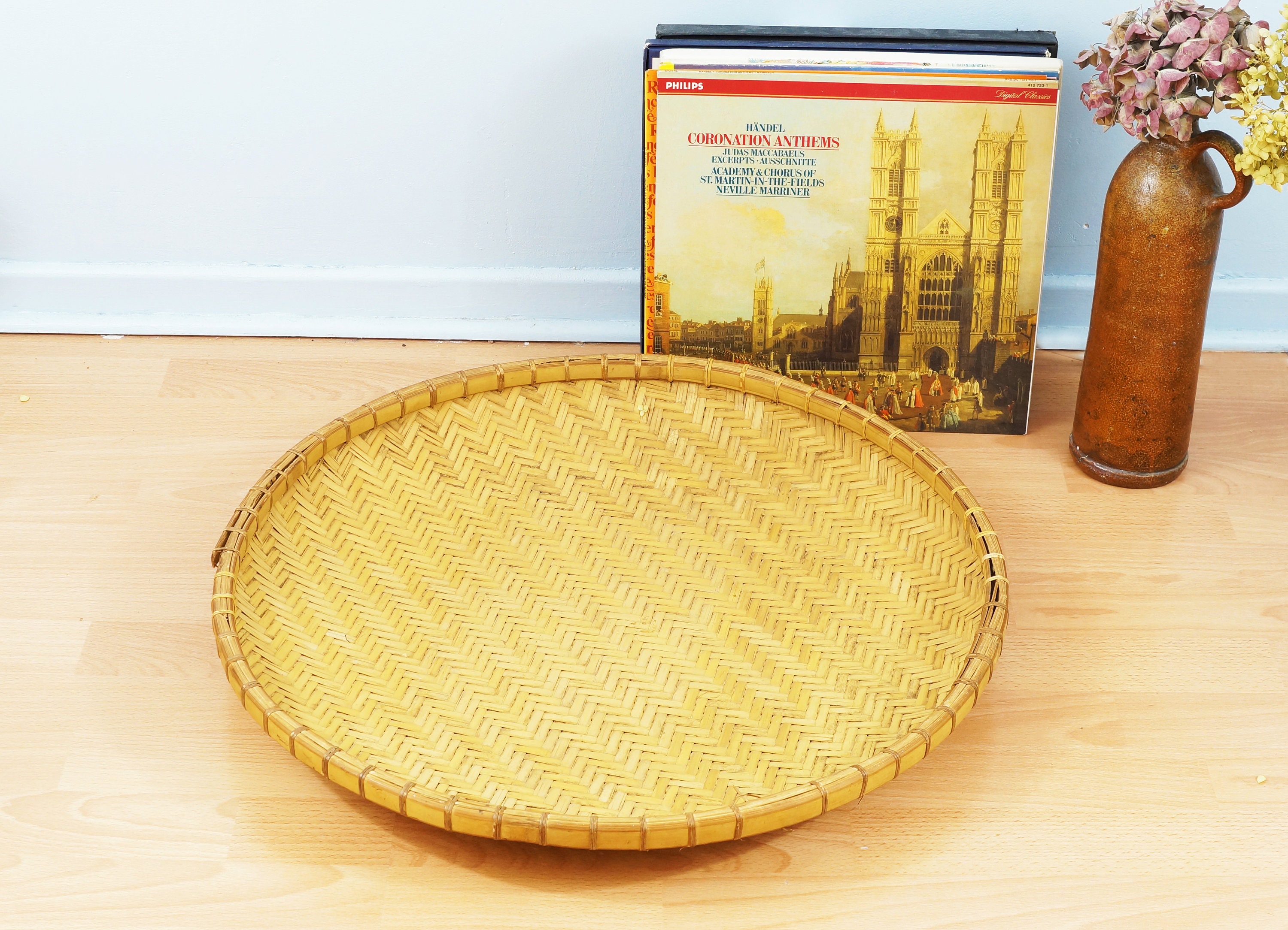 Très Grand Plateau Rond en Bambou, Vintage