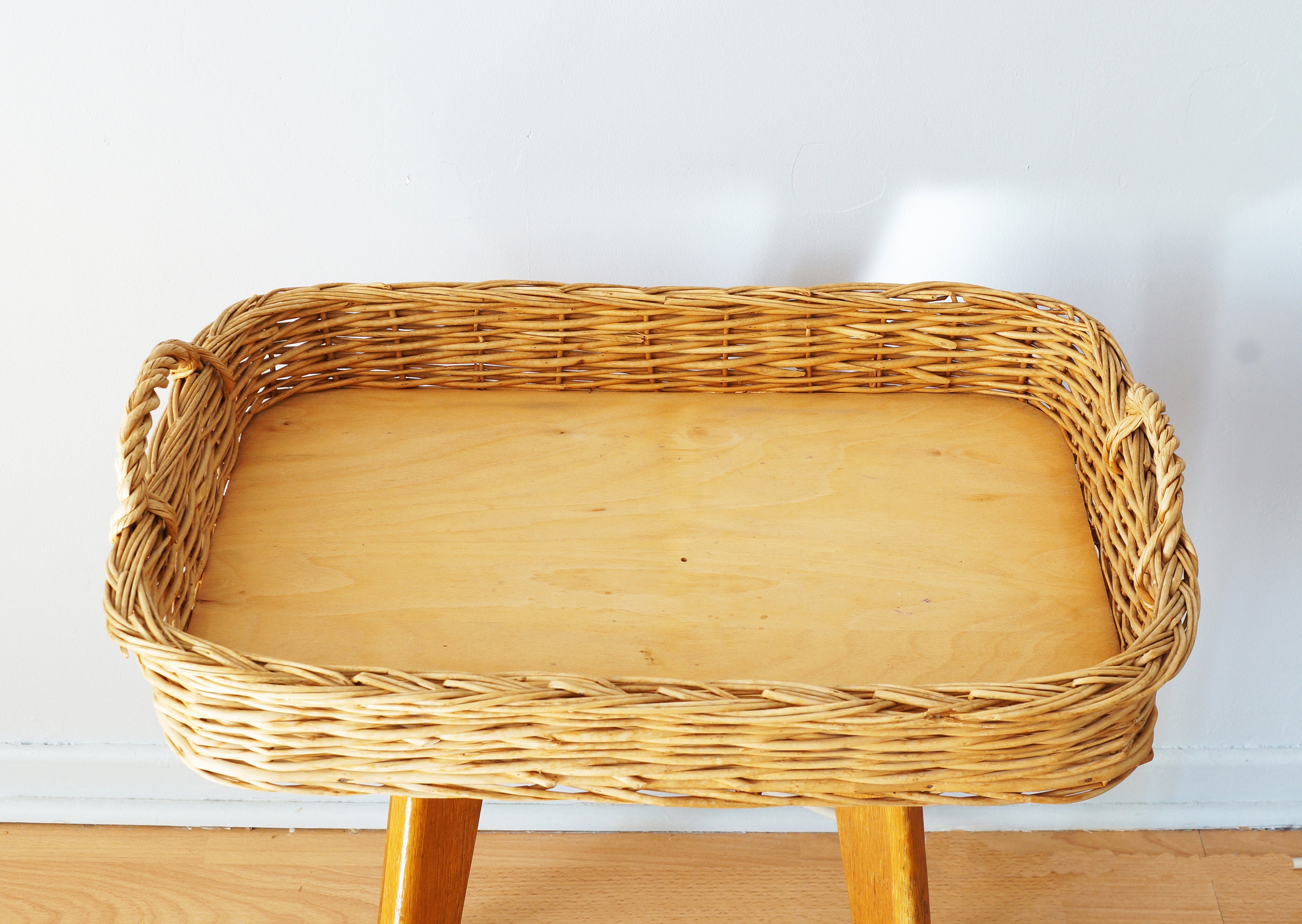 Grand Plateau en Osier et Fond Contreplaqué, Vintage