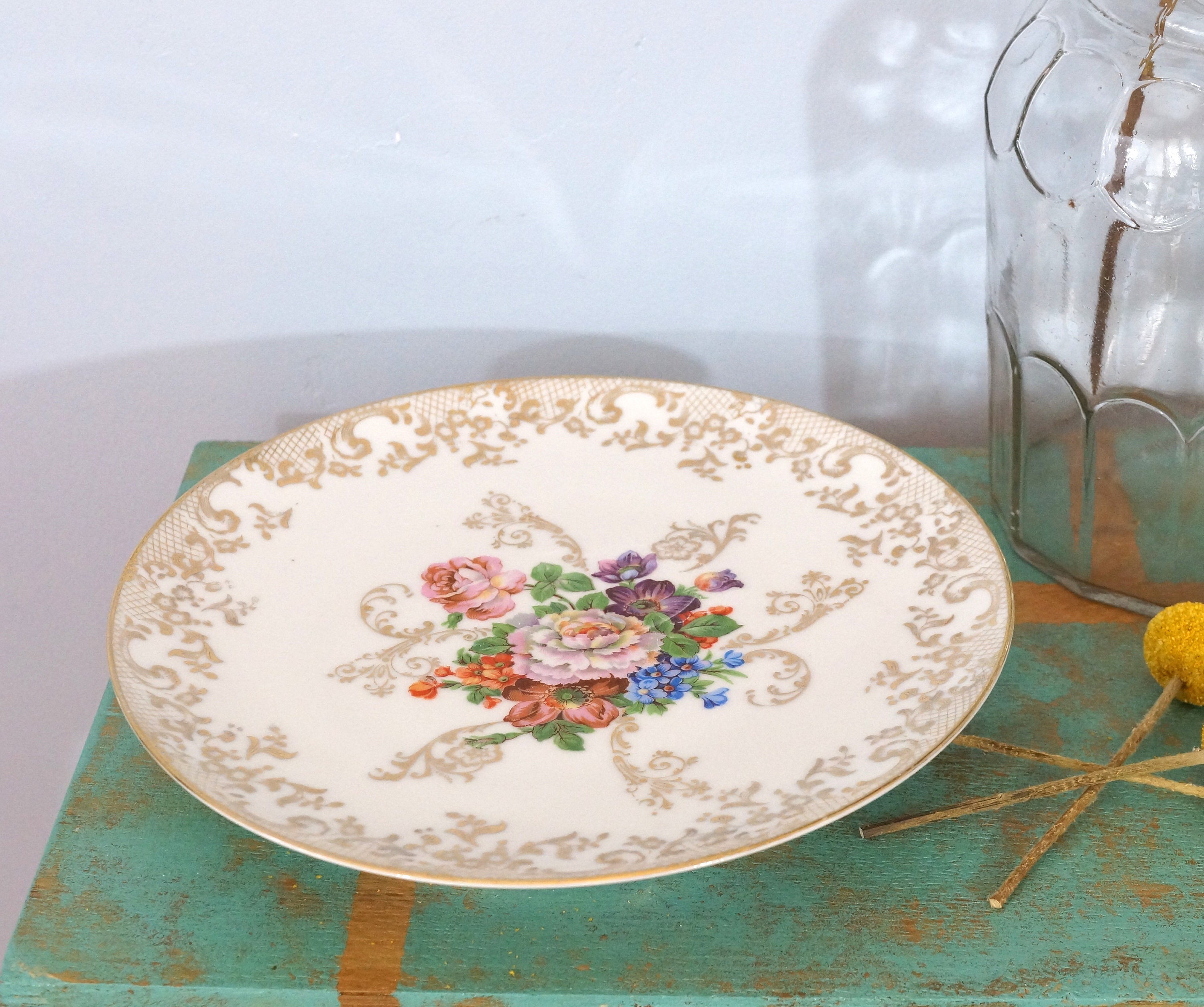 Assiette à Gâteau Fleurs et Or, Porcelaine, Vintage