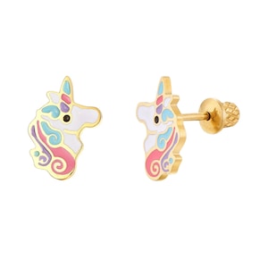 18k Gold Plated Surgical Steel Crystal Pink Unicorn Earrings, Little Girls, Kids Screw Back Earrings, Girls, Kids, Toddler , Hypoallergenic