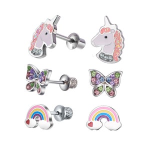 Surgical Steel Rainbow, Unicorn, Butterfly Earring set, Little Girls, Kids Screw Back Earrings, Girls, Kid, Toddler Earrings, Hypoallergenic