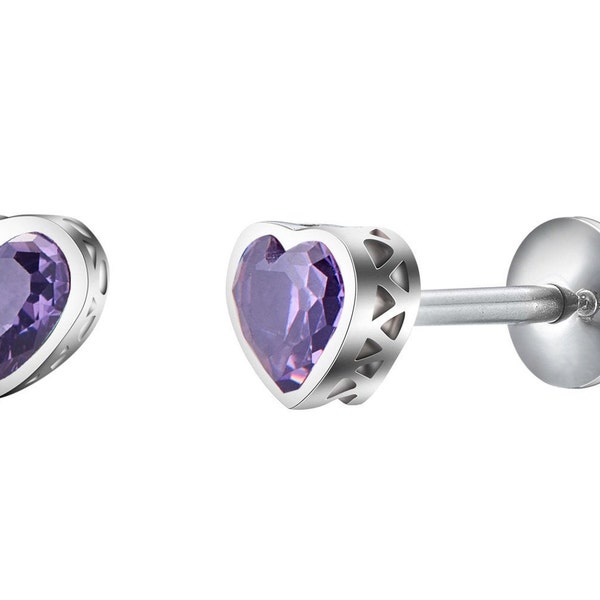 Surgical Steel CZ February Birthstone Heart Earrings, Little Girls, Kids Screw Back Earrings, Girls, Kids, Toddler Earrings, Hypoallergenic