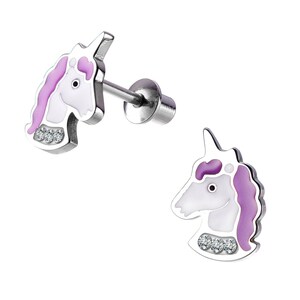 Surgical Steel Crystal Purple Unicorn Earrings, Little Girls, Kids Screw Back Earrings, Girls, Kids, Toddler Earrings, Hypoallergenic