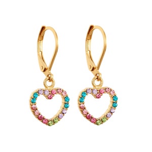 18k Gold Plated Surgical Steel Multicolor Heart Earrings, Little Girls, Kids Lever Back Earrings, Girls, Kids, Toddler, Hypoallergenic