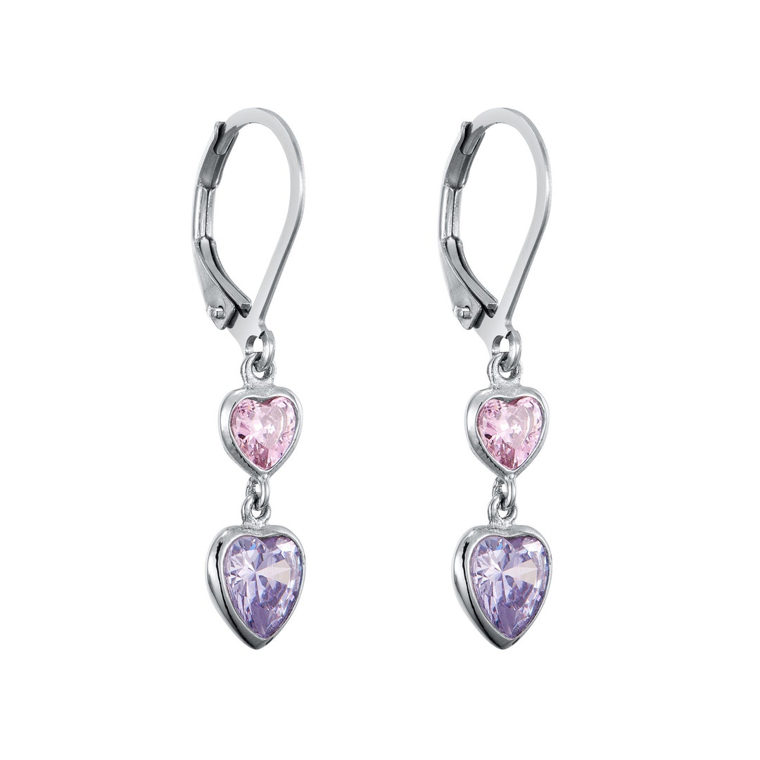 Surgical Steel Crystal Multicolor Dual Heart Earrings, Little Girls