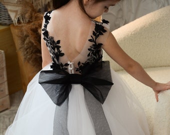 Puffy Flower Girl Dress,  Lace Dress with detachable train, Black Flower Girl Dress Tulle