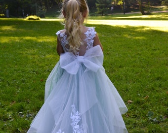 Sage Green Flower Girl Dress, 3D Dress, Sage Green gown lace , Puffy dress