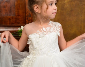 Puffy Ivory Flower Girl dress with train, First communion dress, Wedding flower girl dresses