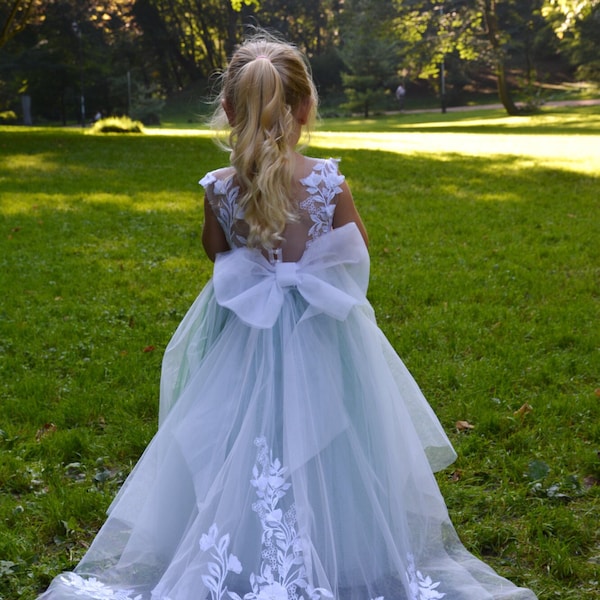 Sage Green Flower Girl Dress, 3D Dress, Sage Green gown lace , Puffy dress