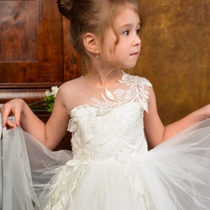 Puffy Ivory Flower Girl dress with train, First communion dress, Wedding flower girl dresses