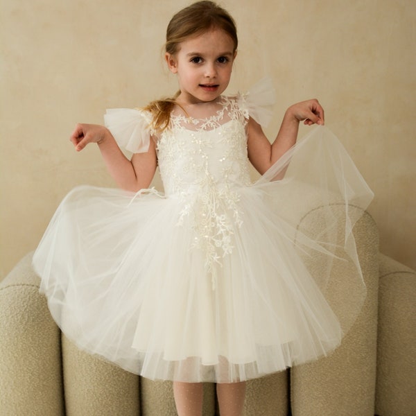 Toddler short Tutu Girl Dress, Short Flower Girl Dress Lace, Ivory tulle birthday dress, puffy tulle dress