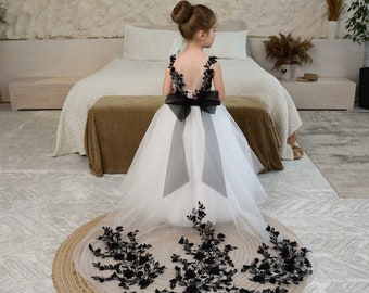 Tutu White Girl Dress, Black Lace dress, Flower Girl Dress  with detachable train, Birthday Dress