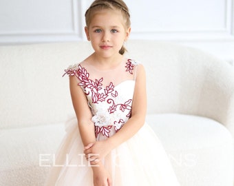 Girls Sleeveless Lace and Tulle Flower Girl Dress, Wine Red Christmas Dress for Girls, Burgundy Lace Dress, Stunning Train