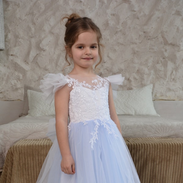 Sky-blue Flower Girl Dress, white lace Flower girl Dress, Puffy baby girl dress