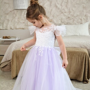 Toddler Lilac Girl Dress,Purple  Flower Girl Dress with train, First communion dress, white lace dress