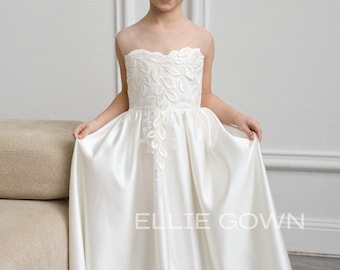 NEW! Satin Flower Girl Dress, Girl wedding dress, Flower girl gown, Satin Girl Dress with Train, Ivory Satin Dress with Bow
