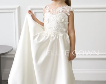 Satin Girl Dress, Flower girl gown with train, Satin Flower Girl Dress, Ivory Satin Dress with Bow