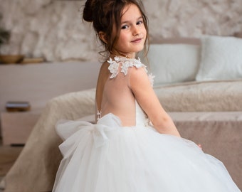 Classic Dress with lace, Flower Girl Dress, Ivory Flower girl gown, Puffy baby girl dress