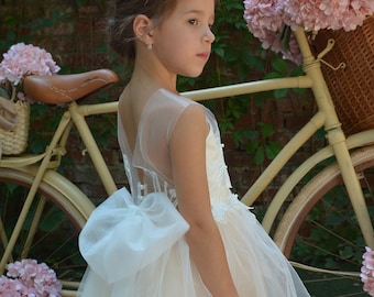 Tulle girl dress, Flower girl dress with  train, Girl ball gown, Ivory flower girl dress