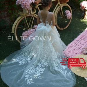 Girl ball gown,Ivory flower girl dress, Tutu girl dress, Flower girl dress with  train