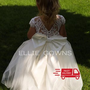 Vestido de tul para niña de las flores con lazo de satén, vestido de encaje color marfil para niña de las flores, vestido bohemio para niña de las flores, vestido de cumpleaños abullonado, vestido para niña pequeña