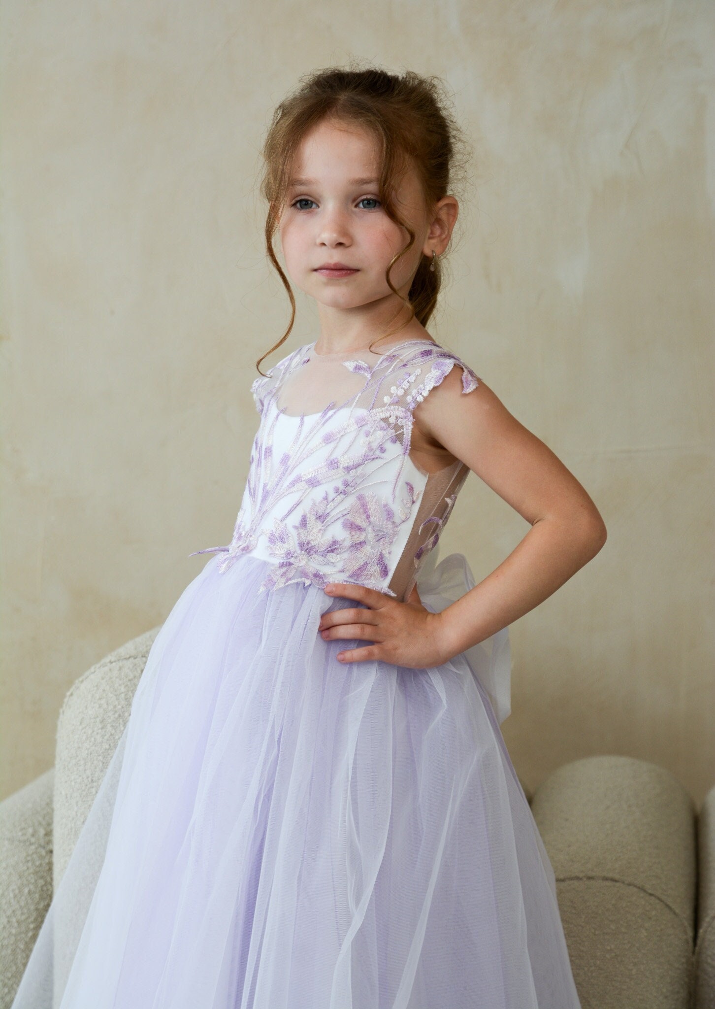 Lilac Flower Girl Dress, Birthday Girl Dress, Purple Lace Flower Girl Dress, Puffy Baby Girl Dress, image size:1452x2048