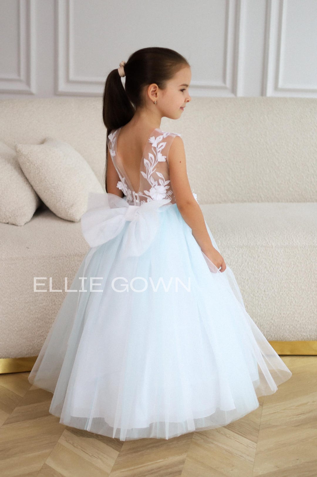 Light Blue Flower Girl Dress, White Flower Girl Dress, Puffy Baby Girl Dress