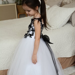 Toddler Puffy Black Flower Girl Dress, Black Lace dress with detachable train, Flower Girl Dress Tulle image 5