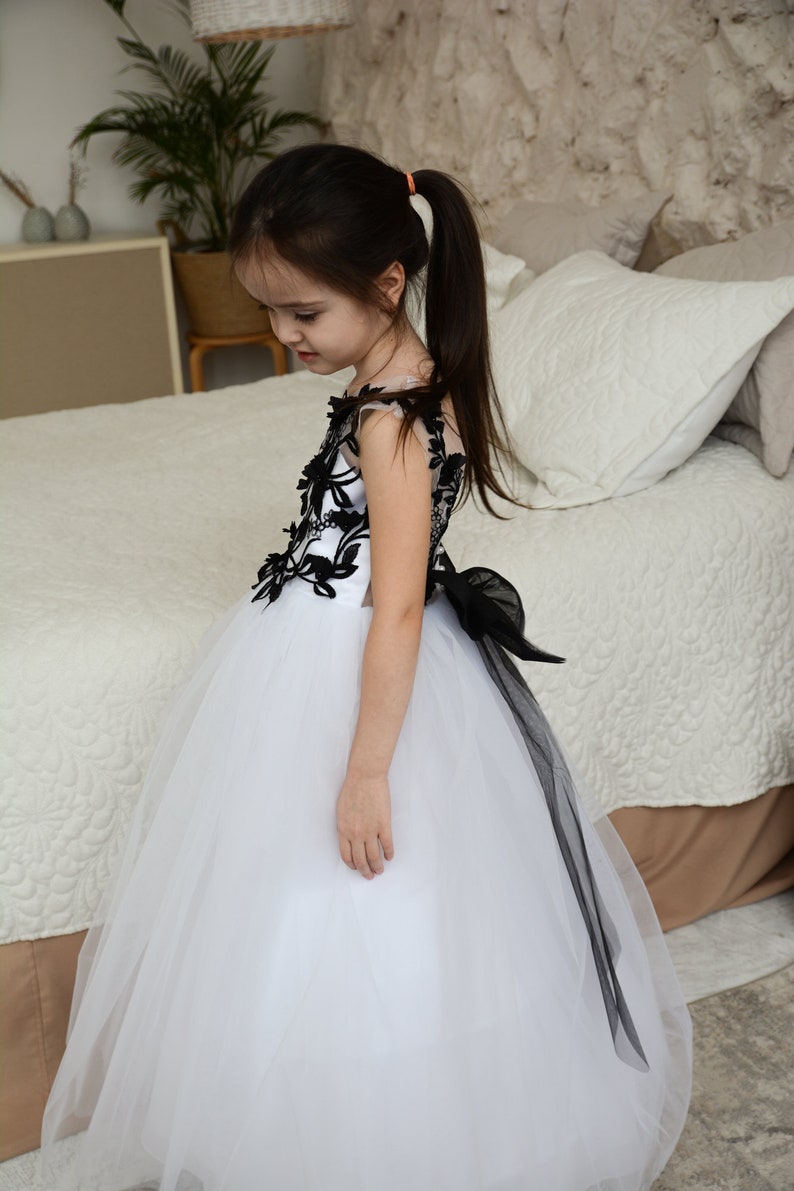 Toddler Puffy Black Flower Girl Dress, Black Lace dress with detachable train, Flower Girl Dress Tulle image 5