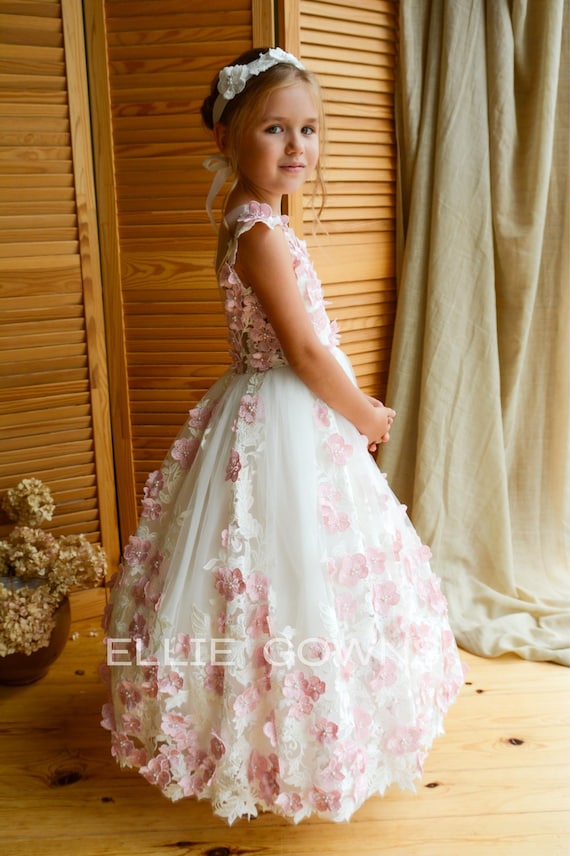 Elegant Ivory Dress With Pink Flowers Flower Girl Gown Lace Toddler Dress Etsy Canada