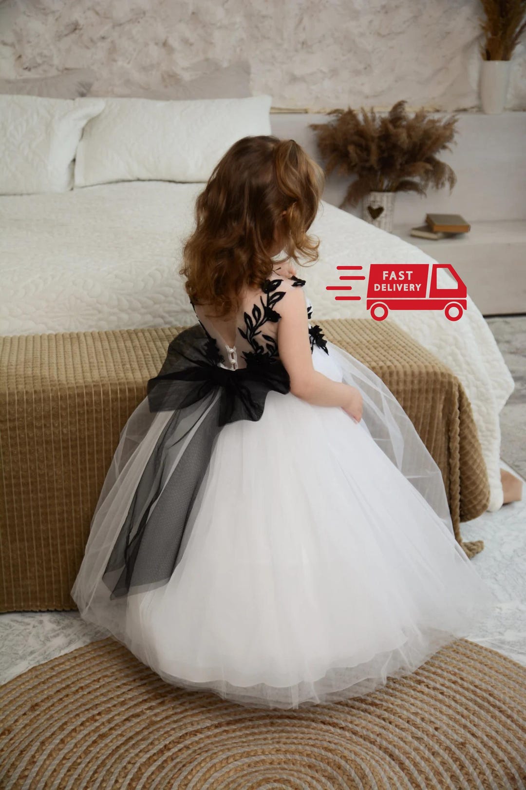 black and white flower girl dress Ivory Satin Tulle Black Lace Wedding Flower Girl Dress 3T